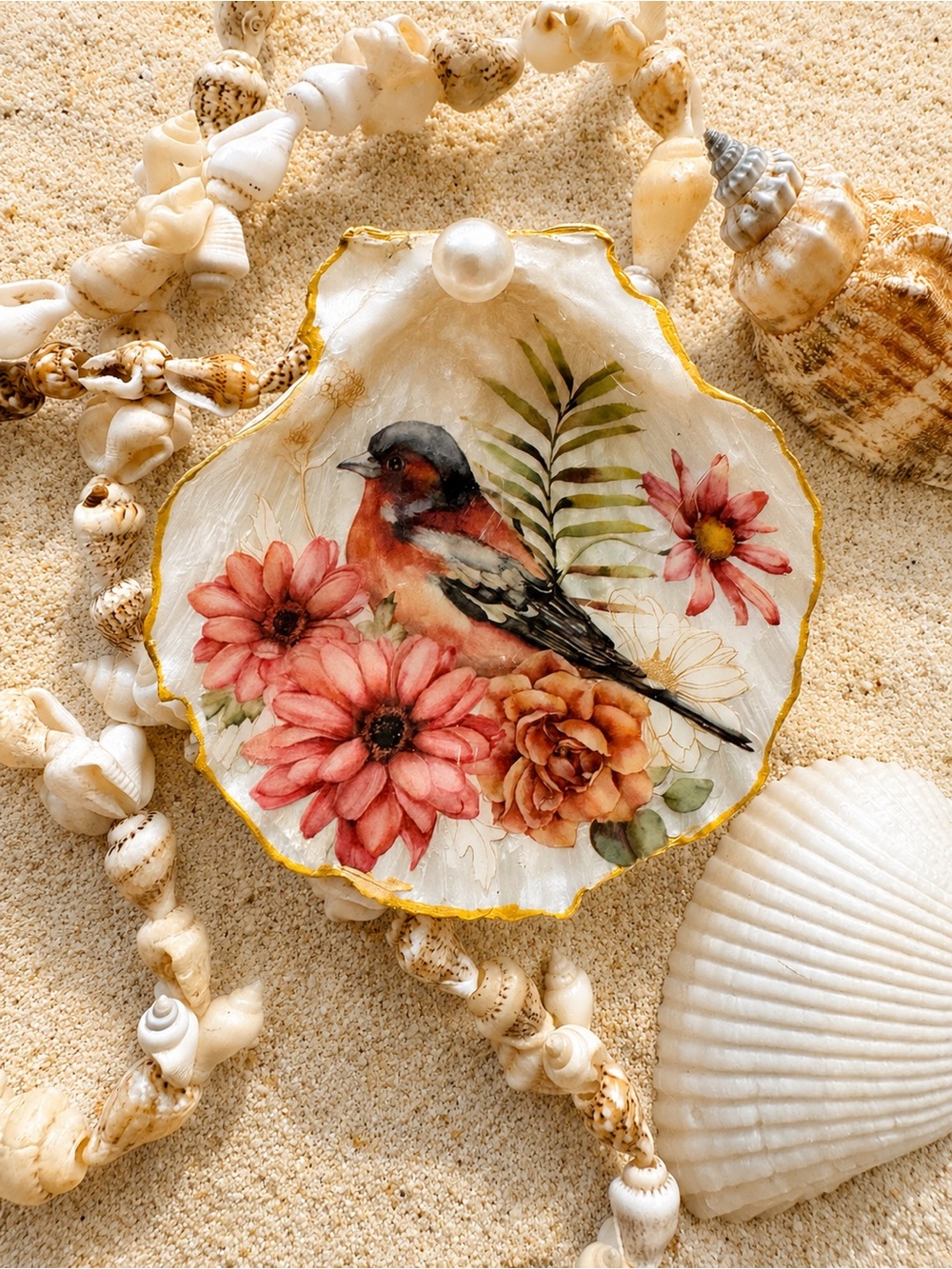 Hand made Shell Magnet or Trinket dish with Bird & Floral Motif with pearl 3”